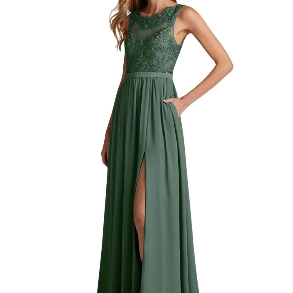 Azazie Green Lace Bodice Chiffon Gown with Side Slit - Picture 2 of 10